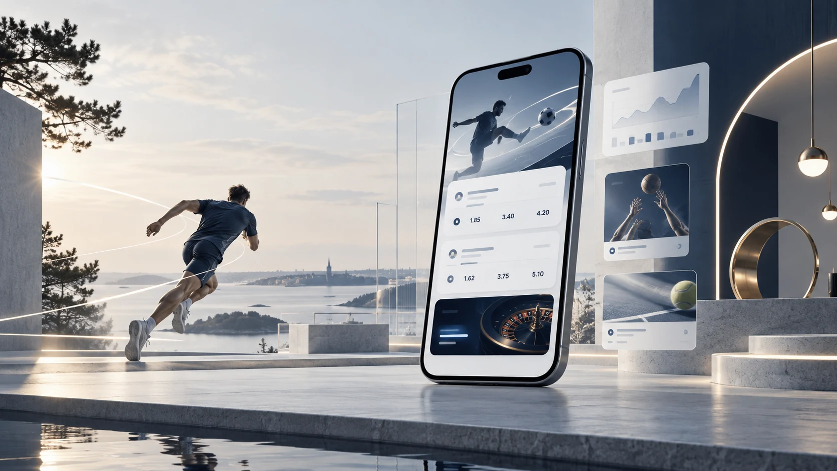 Concept artwork showing a sports mobile interface within a contemporary Scandinavian setting